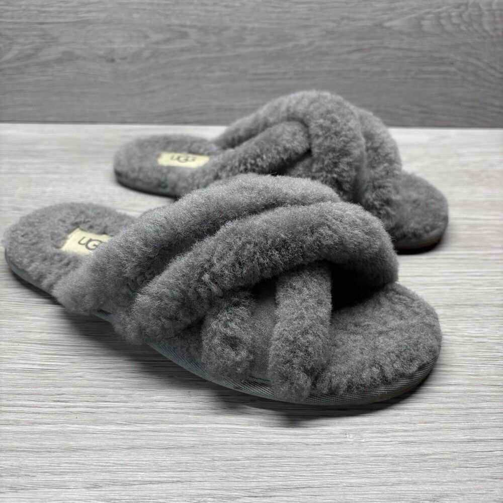 UGG Scuffita Genuine Shearling Slide Slipper Charcoal Grey Sz 8 Luxury Lounge